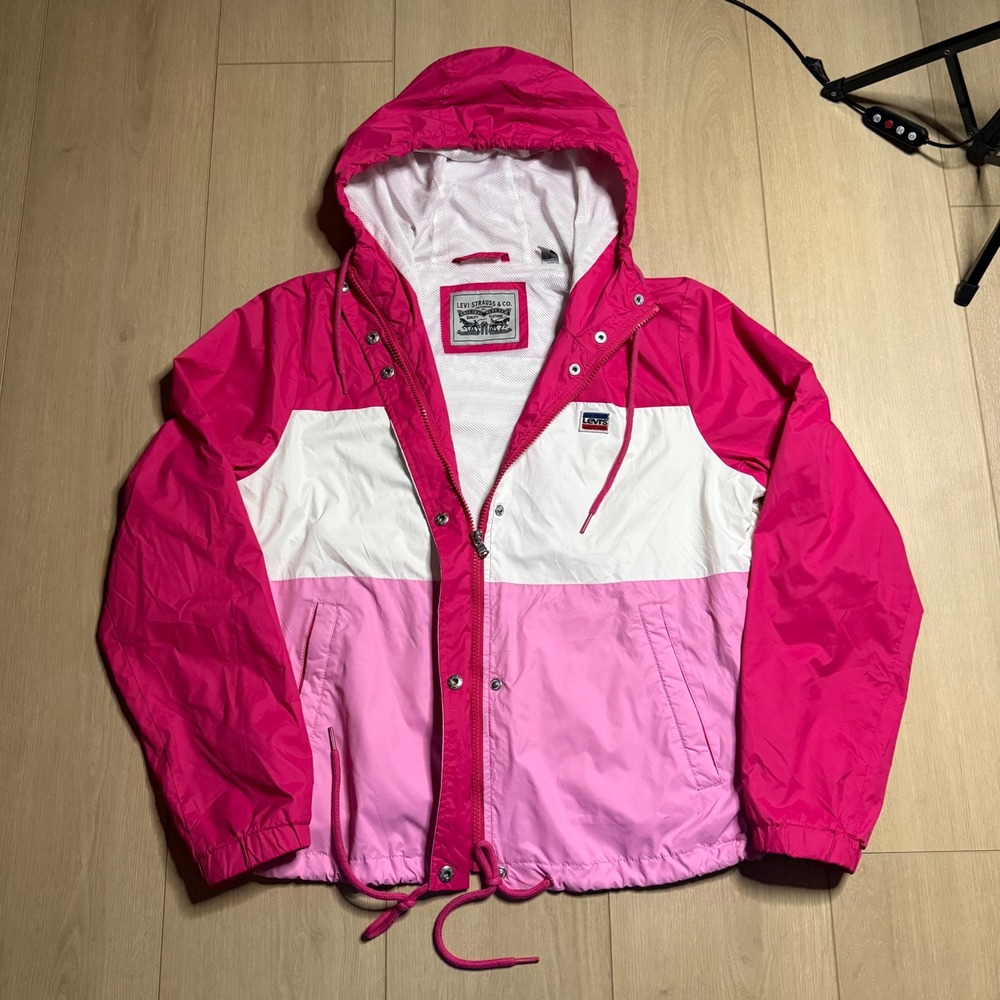 Levi's Windbreaker Jacket Womens L Pink Colorblock Mesh Lined Full Zip Hooded